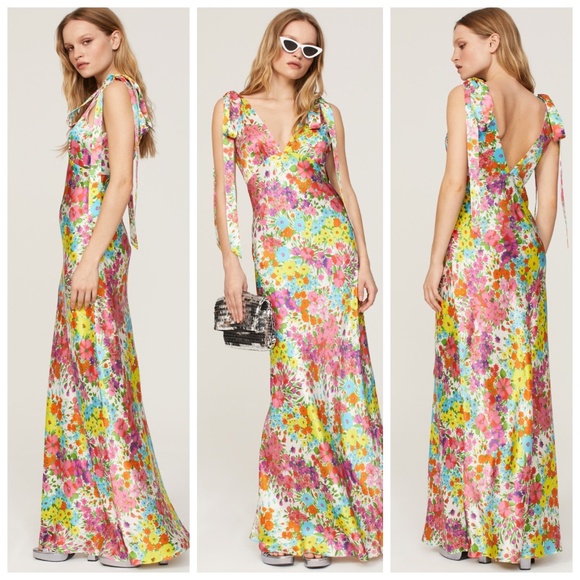 Les Reveries Floral Flower Satin Maxi Dress Gown Tie Shoulder Bow - Size 2 - Picture 1 of 13
